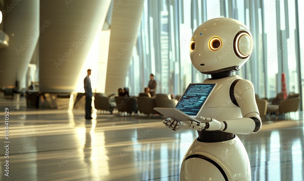 Robot holding a tablet in a lobby. Robot holding a tablet in a lobby.