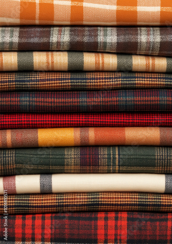 neatly stacked pile of plaid fabrics in various warm, Autumnal colors and patterns. The textiles feature a range of designs, including checkered and tartan patterns, with dominant hues of orange.