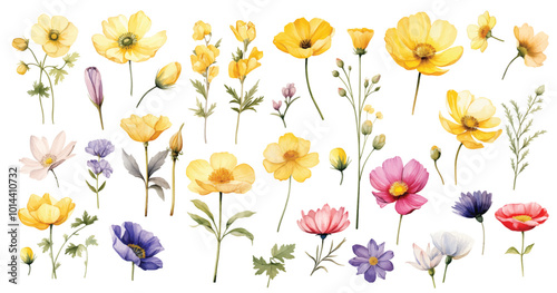 Watercolor wild flowers hand drawn floral illustration set on white background