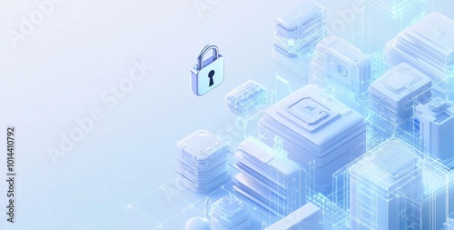 Digital illustration of a secure lock symbol over a network of abstract data structures.