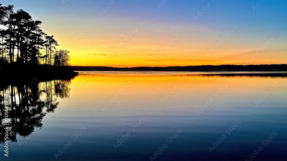 Serene sunset over a calm lake, reflecting vibrant colors and silhouettes of trees. Serene sunset over a calm lake, reflecting vibrant colors and silhouettes of trees.