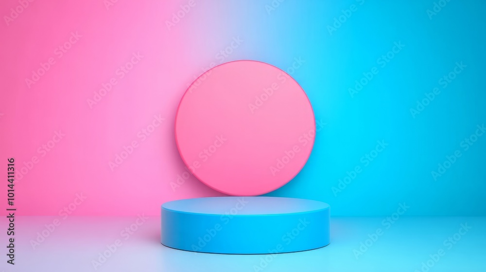 A blue cylindrical pedestal sits in front of a pink circle against a gradient background of pink and blue. A blue cylindrical pedestal sits in front of a pink circle against a gradient background of pink and blue.