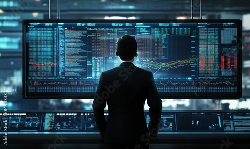 Man in suit observes stock market data.