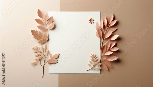 A minimalist design featuring soft pastel-colored paper leaves surrounding a blank page, perfect for invitations, messages, or announcements