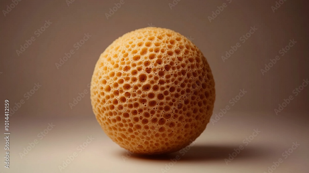 A close-up image of a textured, yellow, round sponge isolated on a light brown background. A close-up image of a textured, yellow, round sponge isolated on a light brown background.