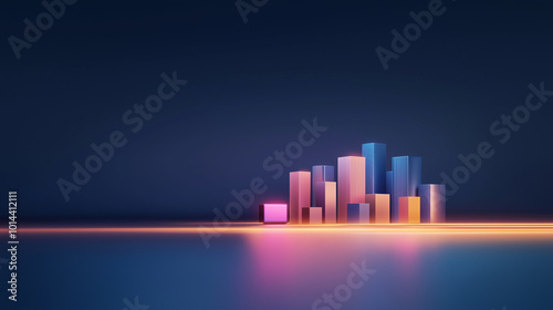 A city skyline is shown in a blue background with a pink and orange glow
