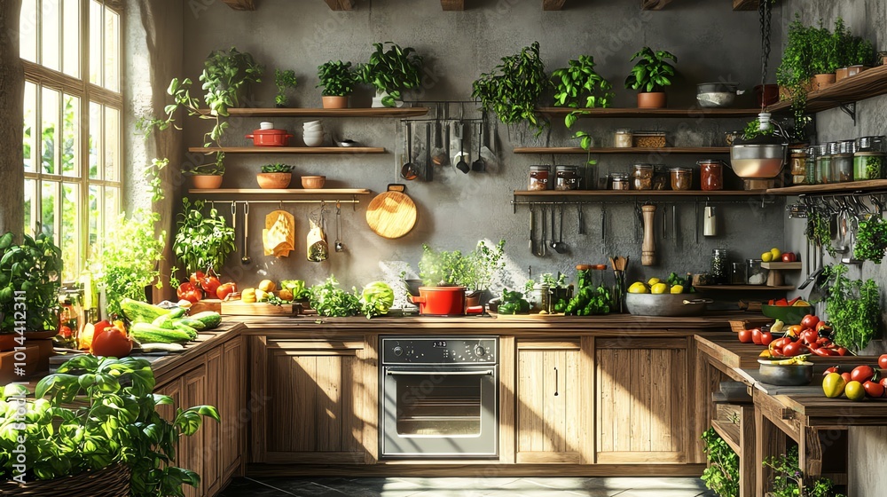 A rustic kitchen with wooden cabinets, a window, and fresh produce on the counters and shelves. A rustic kitchen with wooden cabinets, a window, and fresh produce on the counters and shelves.
