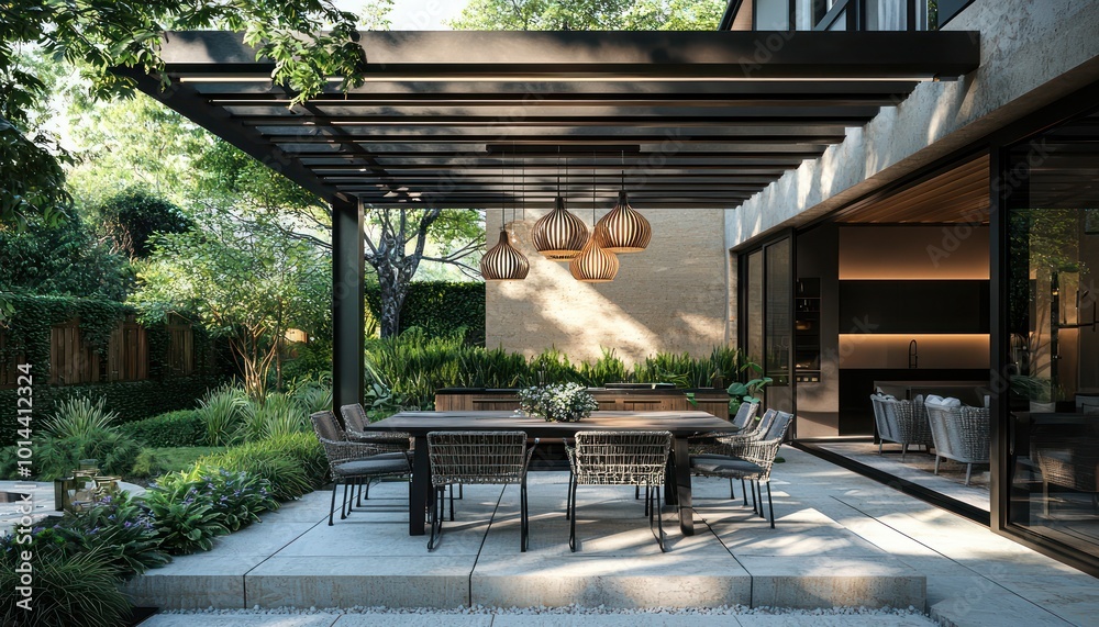 Modern patio featuring a pergola with dining table and stylish hanging lights.