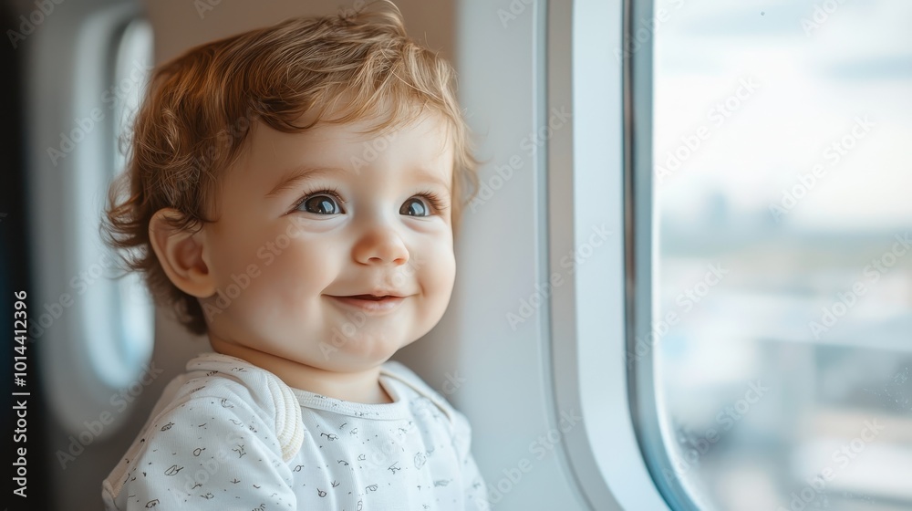 Happy baby looking out of an airplane window, joy and wonder on the face.