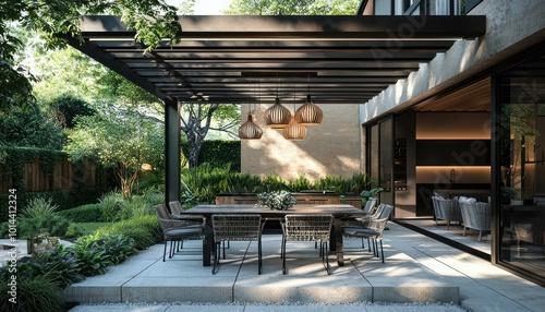 Obraz na płótnie Modern patio featuring a pergola with dining table and stylish hanging lights. w salonie