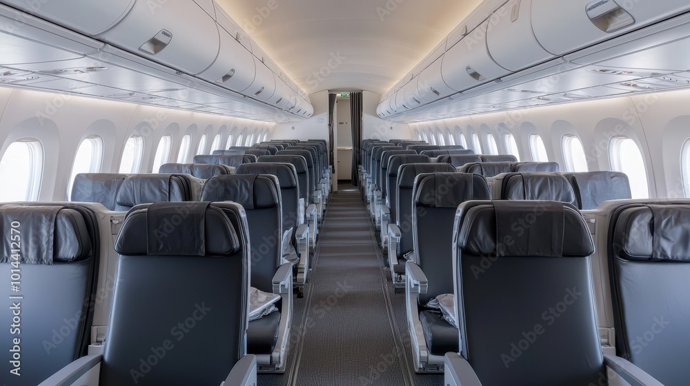 Interior of a modern airplane with empty seats and overhead lighting. Interior of a modern airplane with empty seats and overhead lighting.