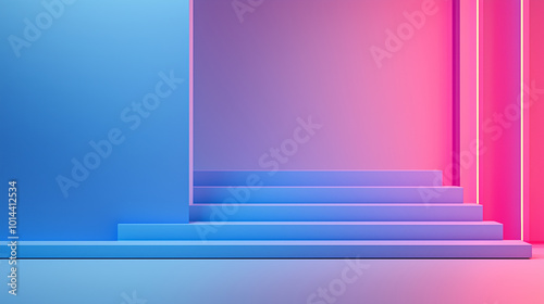 A blue and pink room with a staircase leading up to a pink wall