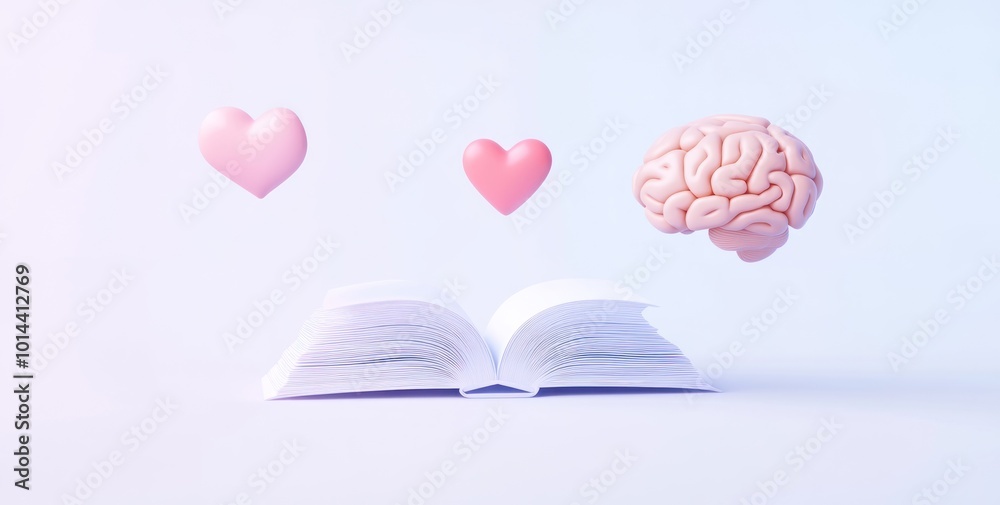 An open book with floating hearts and a brain, symbolizing love and intellect. An open book with floating hearts and a brain, symbolizing love and intellect.