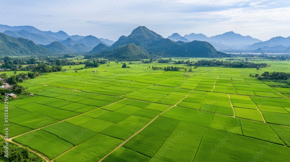 Fototapeta premium Lush green rice fields surrounded by mountains under a clear blue sky.