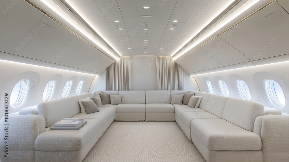 Fototapeta premium Luxury private jet interior with spacious seating and modern design.