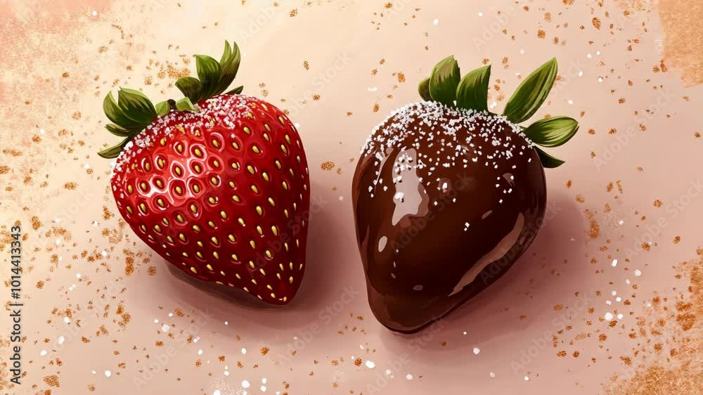 A red strawberry and a chocolate-covered strawberry sit on a pink surface with gold sprinkles