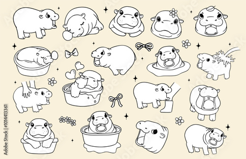 Cute Grumpy Baby Pygmy Hippo Playful Bouncy Pig coloring image Cartoon Hand Drawn Doodle colouring page Sheet