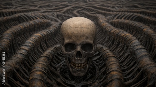 A human skull with a sinister grin emerges from a dark, skeletal labyrinth. photo