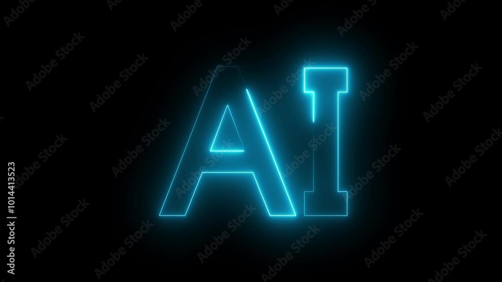 AI text on a black background is animated by cyan neon. AI text on a black background is animated by cyan neon.