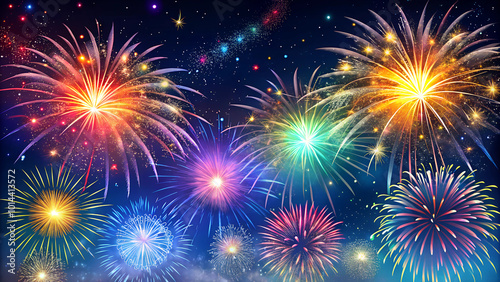 Colorful fireworks background, dazzling and festive, depicting a night sky filled with fireworks, celebrating victory and joy, with copy space