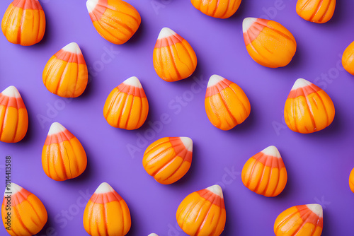 Halloween candy corns and pumpkins on purple background