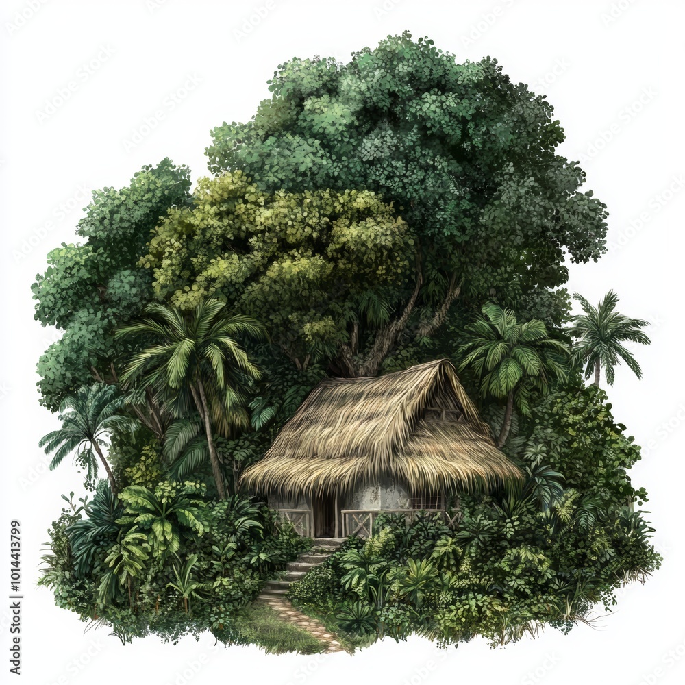 A tropical hut nestled in lush greenery, depicting serene natural living. A tropical hut nestled in lush greenery, depicting serene natural living.