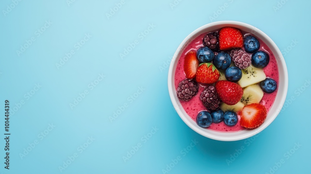 A vibrant bowl of smoothie topped with fresh strawberries, blueberries, bananas, and raspberries, set against a blue background. A vibrant bowl of smoothie topped with fresh strawberries, blueberries, bananas, and raspberries, set against a blue background.