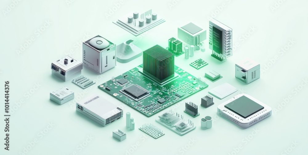 A digital illustration of a circuit board surrounded by various electronic components. A digital illustration of a circuit board surrounded by various electronic components.