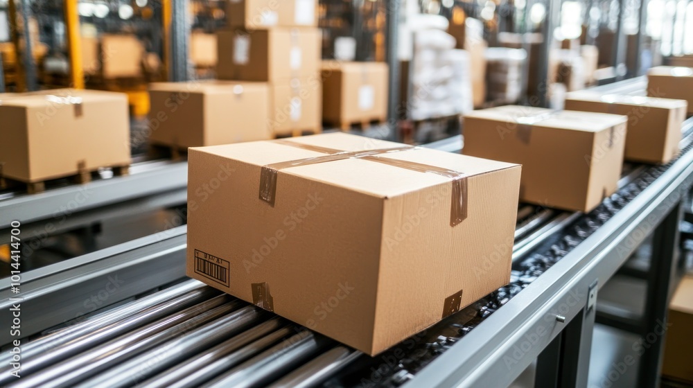 A conveyor belt with cardboard boxes in a warehouse setting, indicating packaging and shipping. A conveyor belt with cardboard boxes in a warehouse setting, indicating packaging and shipping.