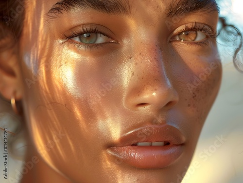 Captivating Olive Skinned Woman with Luminous Poreless Skin and Subtle Cosmetics photo