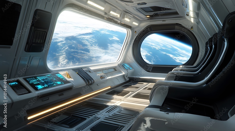 Spaceship futuristic interior with view on planet Earth. Spaceship futuristic interior with view on planet Earth.