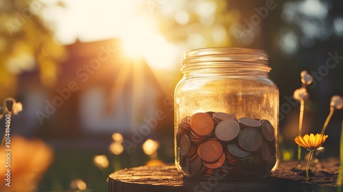 Glass Jar Filled with Coins at Sunset Saving Money Financial Goals Summer