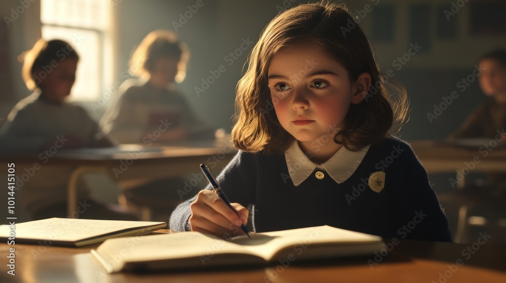 A young girl writes in a notebook, focused in a classroom setting with peers in the background. A young girl writes in a notebook, focused in a classroom setting with peers in the background.
