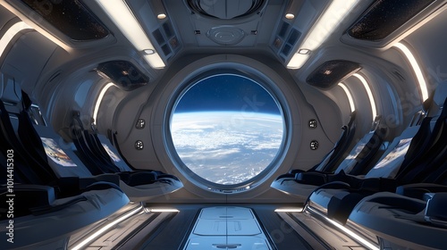 Spaceship futuristic interior with view on planet Earth. 