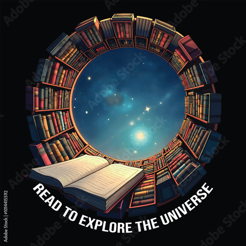 Art of a floating bookshelf with books arranged in a spiral galaxy shape, representing endless imagination, "Read to Explore the Universe" text at the bottom.