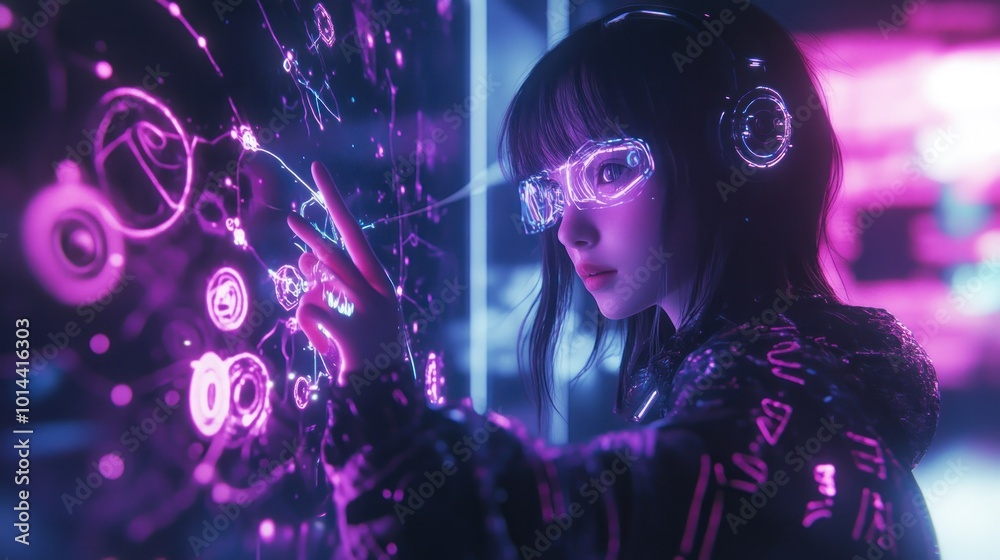 A futuristic figure interacts with glowing technology in a neon-lit environment. A futuristic figure interacts with glowing technology in a neon-lit environment.