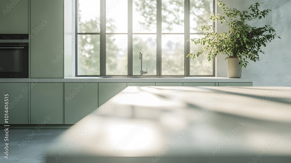 Fototapeta premium Modern Kitchen Countertop With Window View And Sunlight