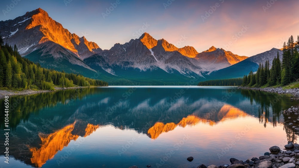 Serene mountain landscape reflecting in calm waters at sunrise. Serene mountain landscape reflecting in calm waters at sunrise.