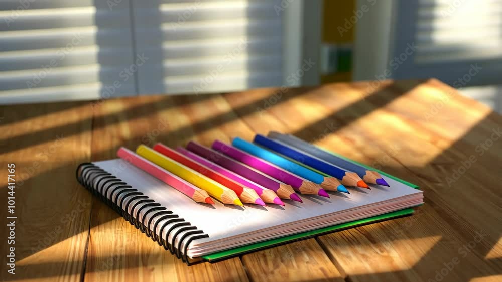 A notebook with colorful pencils rests on a wooden table in the afternoon sun