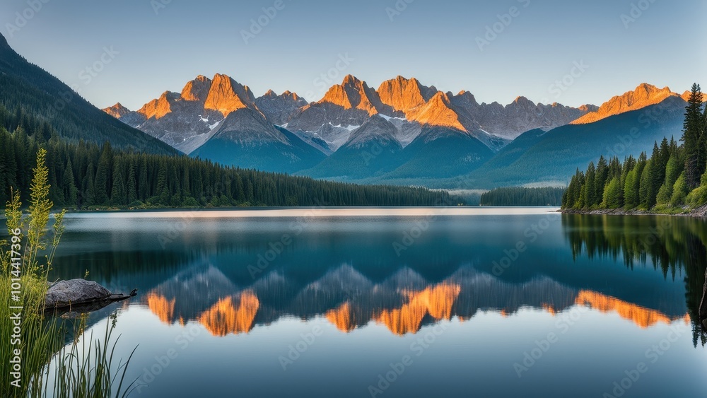 Serene mountain landscape reflecting in calm waters at sunrise. Serene mountain landscape reflecting in calm waters at sunrise.