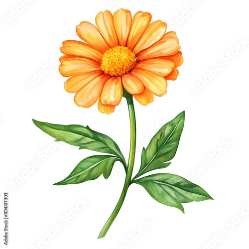 Watercolor Illustration of a Single Orange Daisy Flower with Green Leaves