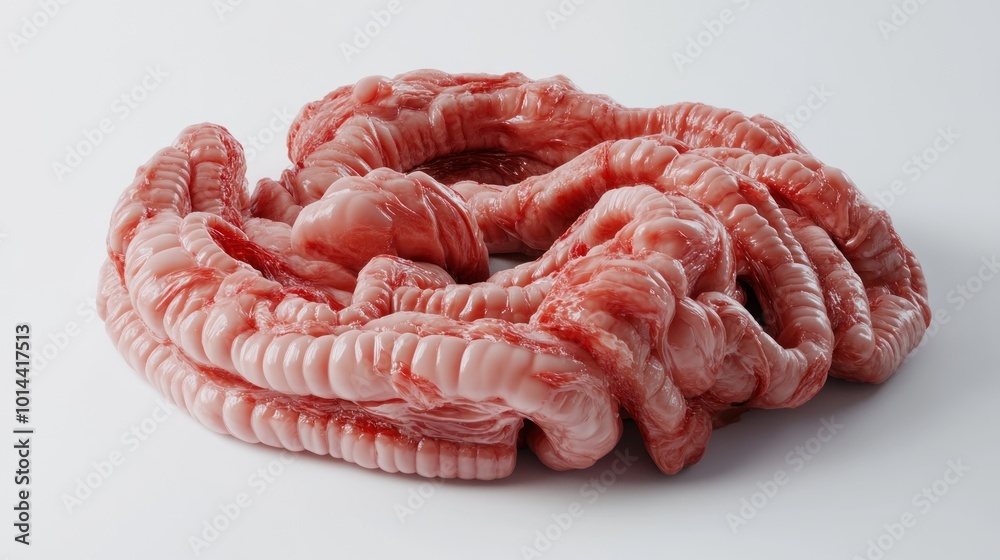 A coiled mass of raw intestines, showcasing its texture and color. A coiled mass of raw intestines, showcasing its texture and color.