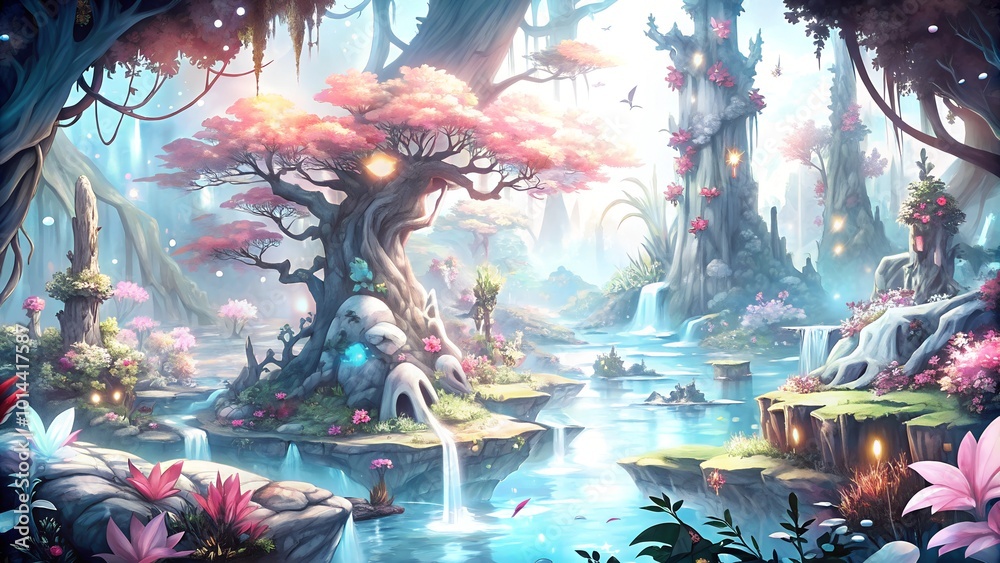 Obraz premium Mystical anime forest with towering trees