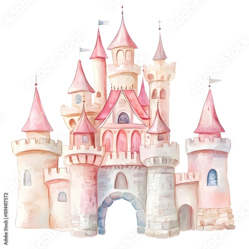 Watercolor Illustration of a Pink and White Fairy Tale Castle