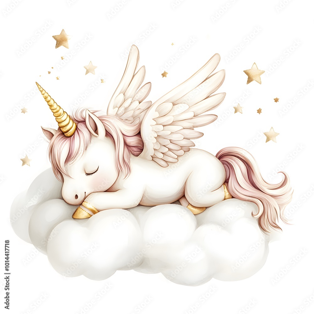 Cute Sleeping Unicorn With Wings and Golden Stars on Cloud Stock ...