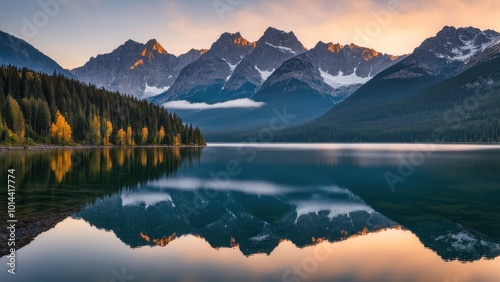 Serene mountain landscape reflecting in calm waters at sunrise.