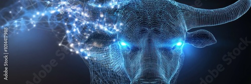 A digital representation of a bull with glowing features and abstract connections.