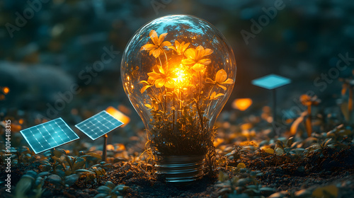 A light bulb filled with blooming flowers, surrounded by solar panels and lush greenery. The image symbolizes the harmonious coexistence of nature and technology.