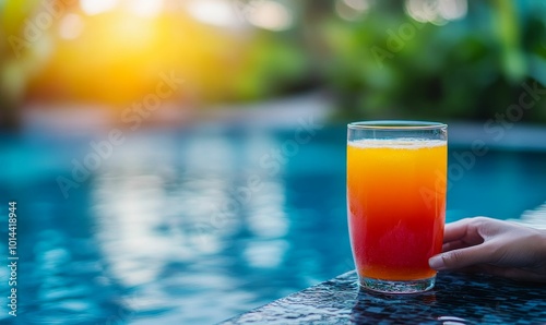 A glass of orange juice by a pool.