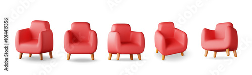 3d set of red armchair with wooden legs isolated on white. Render collection of living room chair furniture. Decorated modern interior element. Interior item for relax and work. Vector illustration